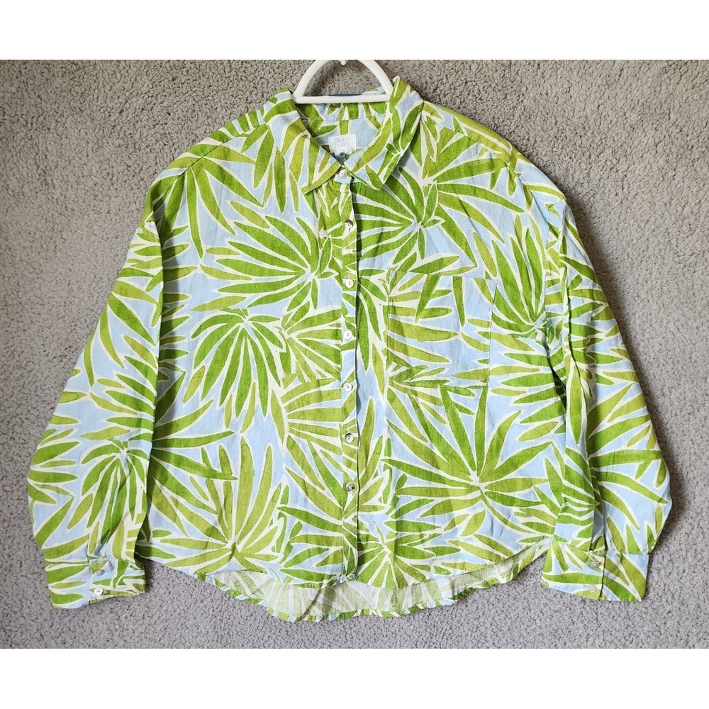 Sigrid Olsen Button Front Shirt Womens 1X Green Blue Palm Leaf 100% Linen Top
